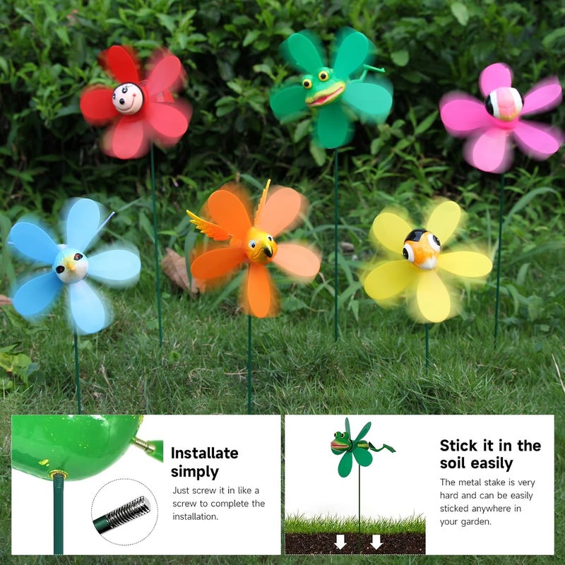DECEED 6 Pack Garden Decor Pinwheels Wind Spinners with Metal Stakes Colorful 3D Insect Whirligigs Windmill Outdoor Pinwheel for Yard Garden Lawn Decorations - Image 4